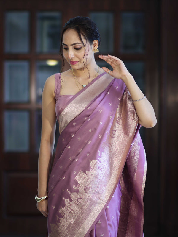 Banarasee Handloom Soft Silk Saree With Diya Design & Ganga Ghat Zari Border-Pastel Pink