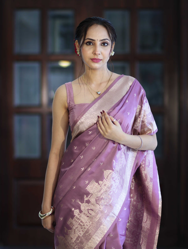Banarasee Handloom Soft Silk Saree With Diya Design & Ganga Ghat Zari Border-Pastel Pink