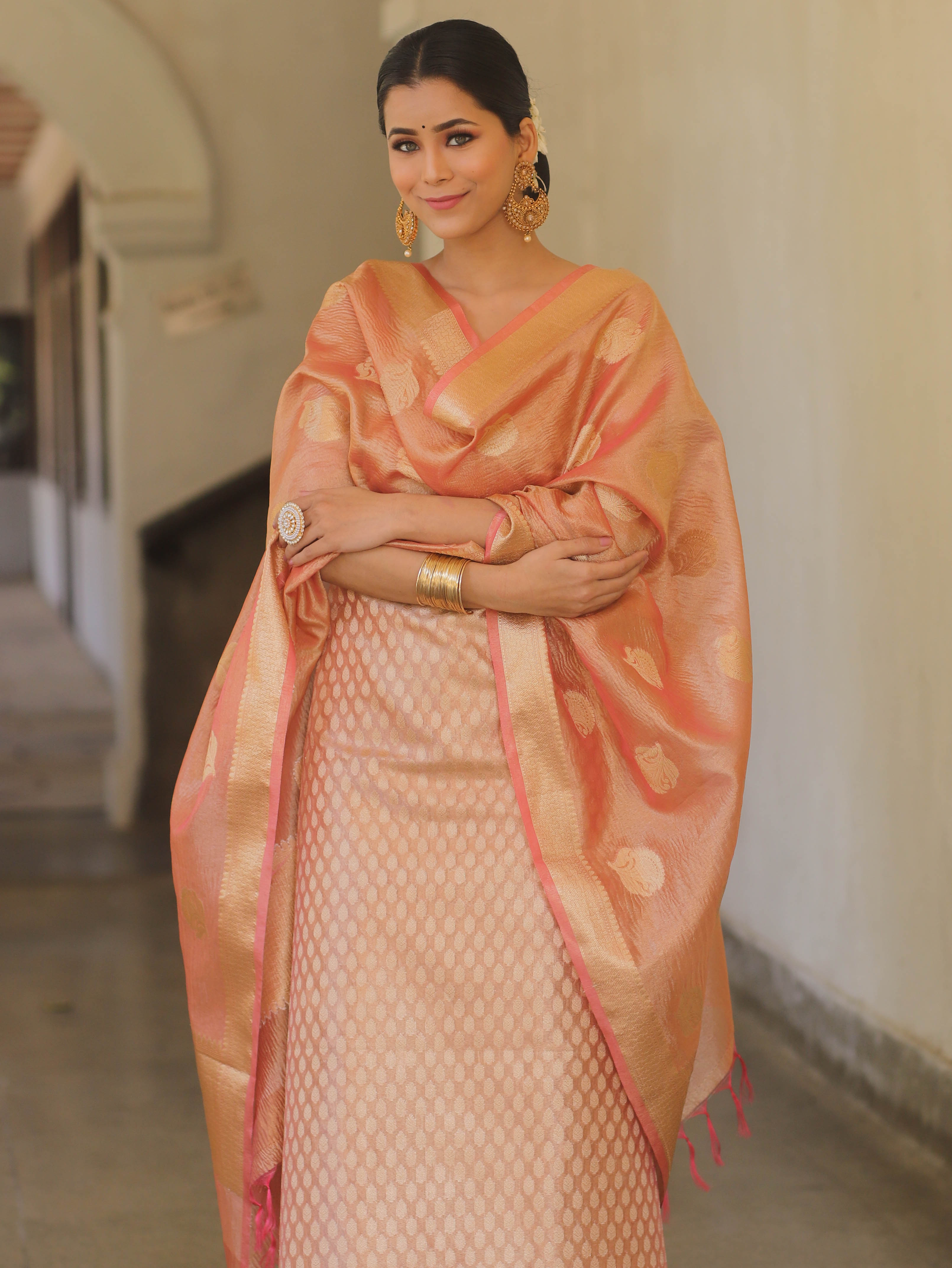 Banarasee Tissue Silk Salwar Kameez Fabric With Dupatta-Peach