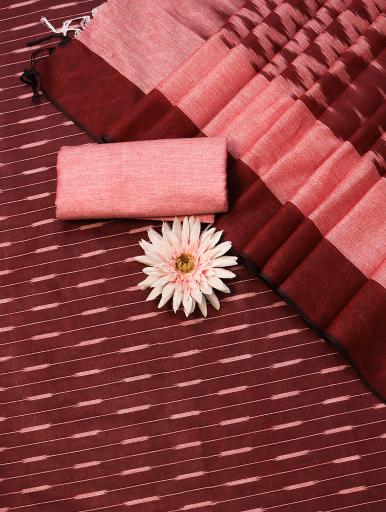 Bhagalpur Ikkat Cotton Kameez With Dupatta & Bottom-Dark Maroon