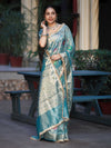 Banarasee Tissue Hand Embroidered Mirror Work Saree With Zari Resham & Ghungroo Work-Light Blue