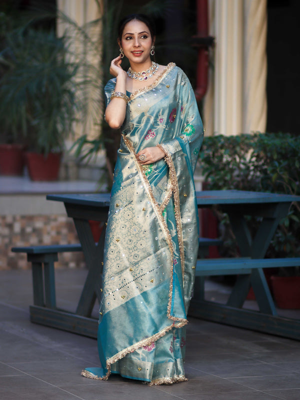 Banarasee Tissue Hand Embroidered Mirror Work Saree With Zari Resham & Ghungroo Work-Light Blue