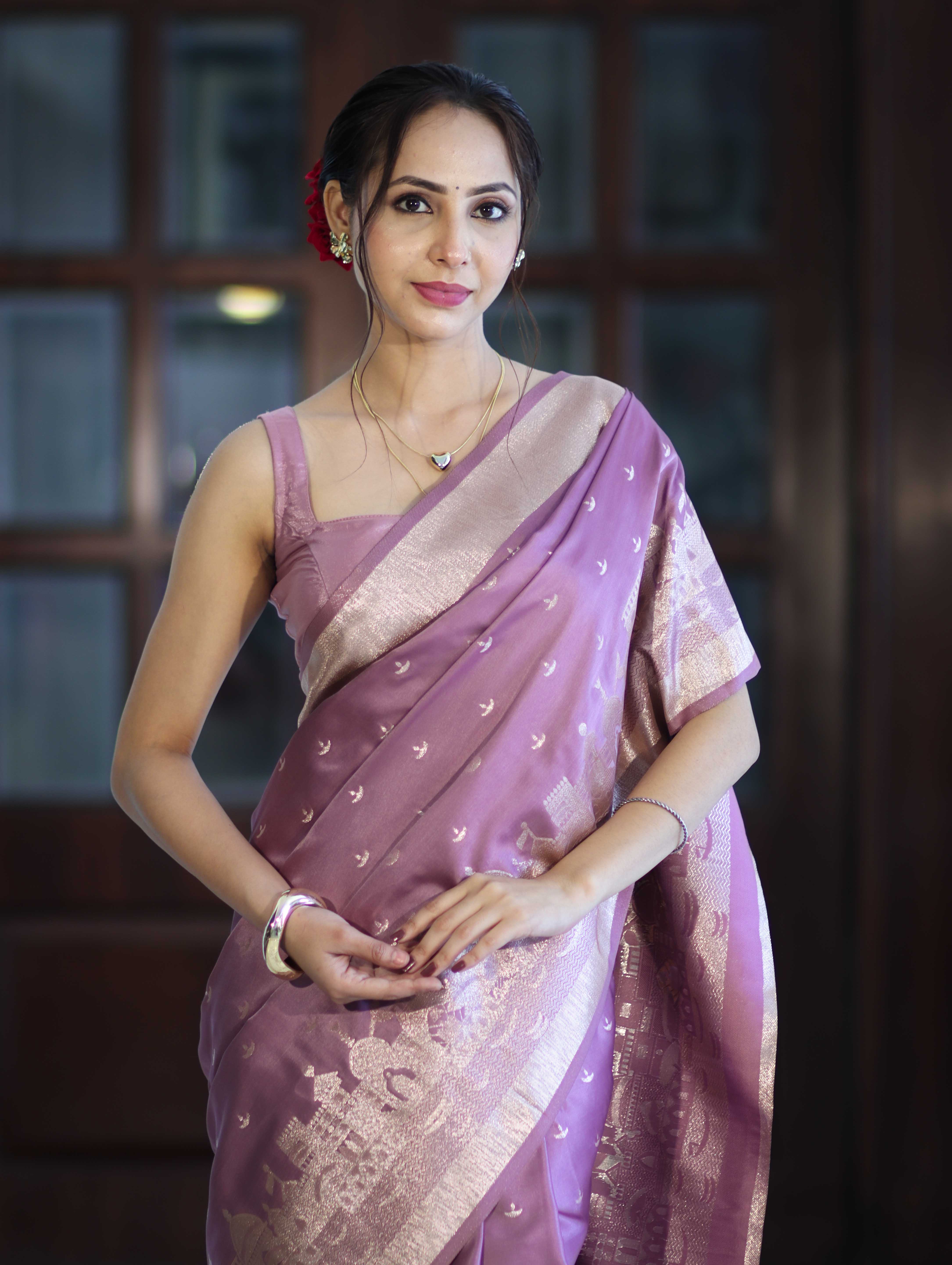 Banarasee Handloom Soft Silk Saree With Diya Design & Ganga Ghat Zari Border-Pastel Pink