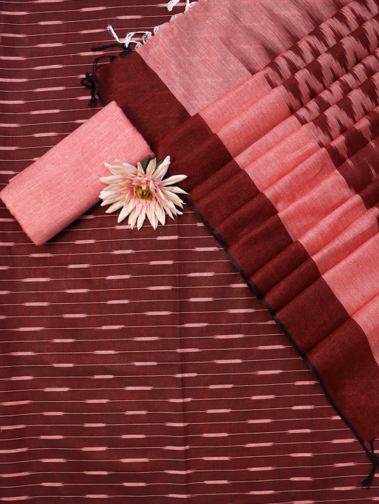 Bhagalpur Ikkat Cotton Kameez With Dupatta & Bottom-Dark Maroon
