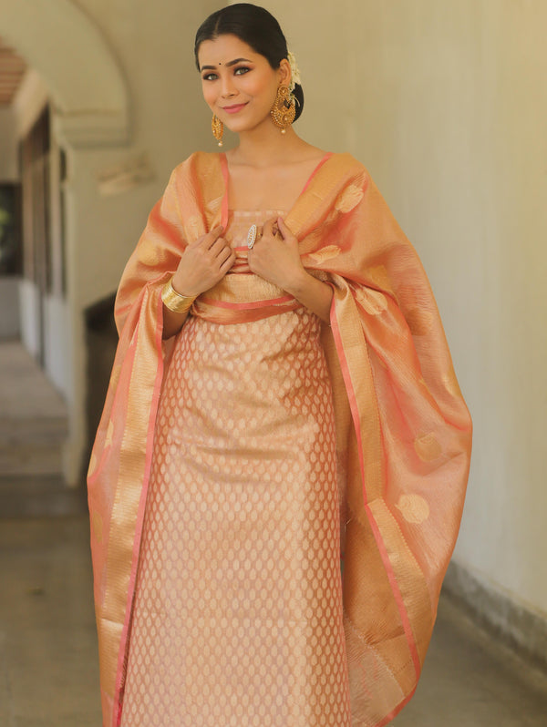 Banarasee Tissue Silk Salwar Kameez Fabric With Dupatta-Peach