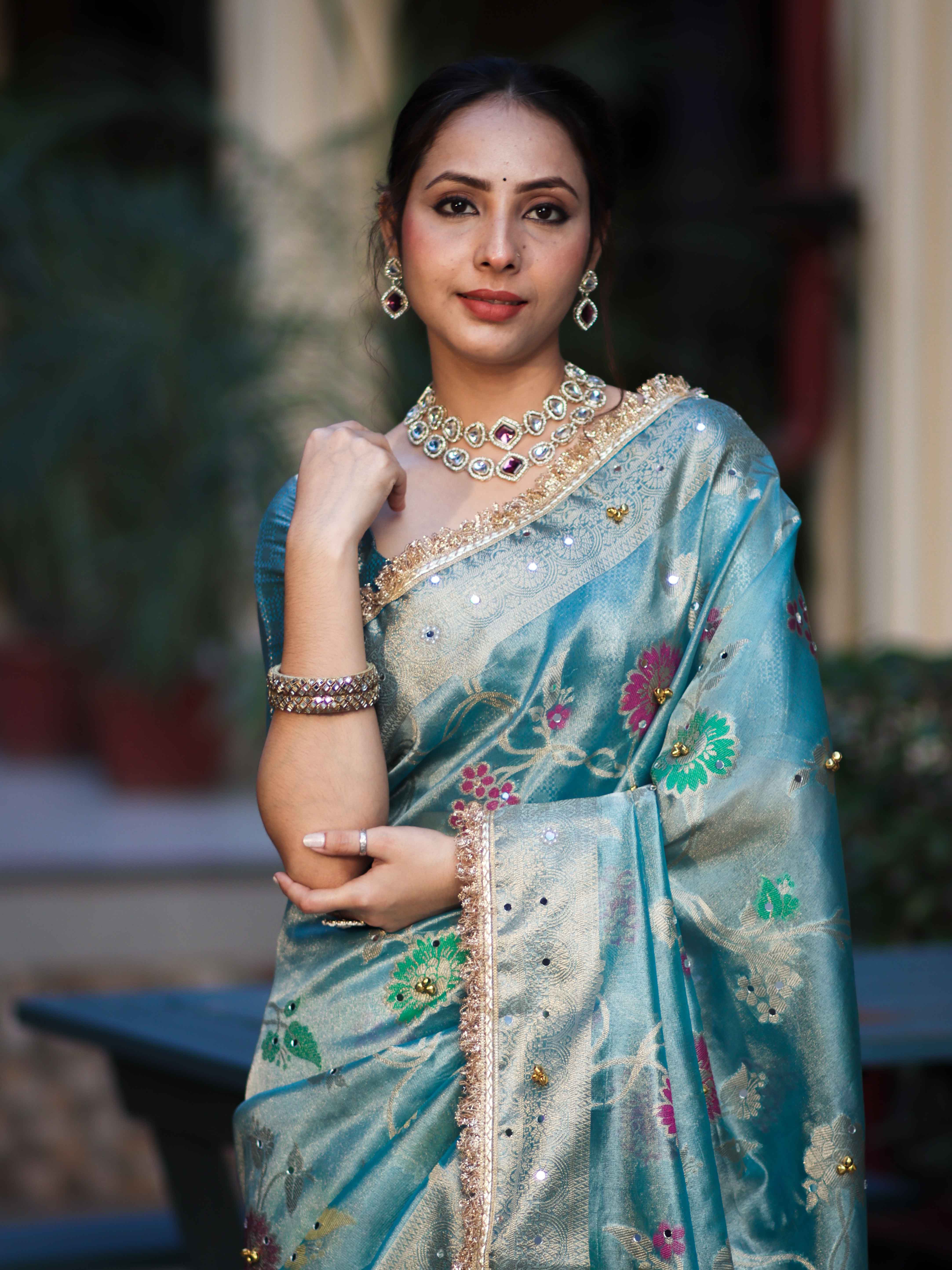 Banarasee Tissue Hand Embroidered Mirror Work Saree With Zari Resham & Ghungroo Work-Light Blue