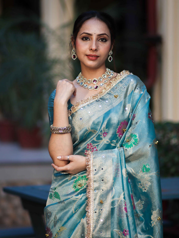 Banarasee Tissue Hand Embroidered Mirror Work Saree With Zari Resham & Ghungroo Work-Light Blue