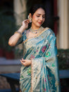 Banarasee Tissue Hand Embroidered Mirror Work Saree With Zari Resham & Ghungroo Work-Light Blue