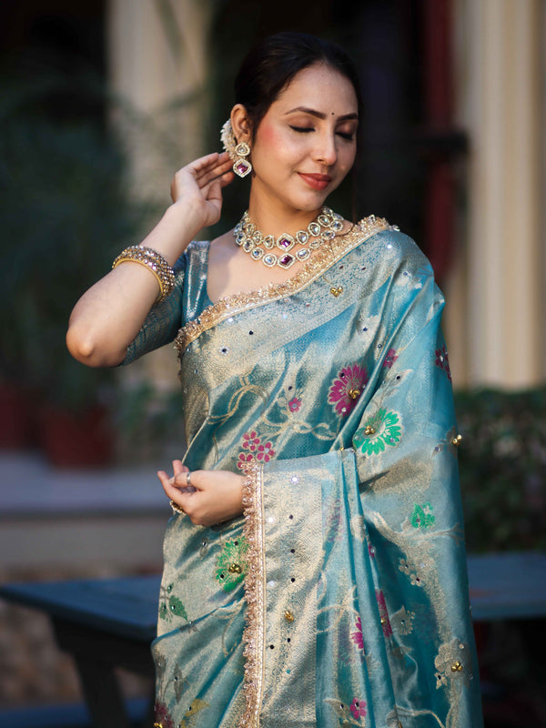 Banarasee Tissue Hand Embroidered Mirror Work Saree With Zari Resham & Ghungroo Work-Light Blue