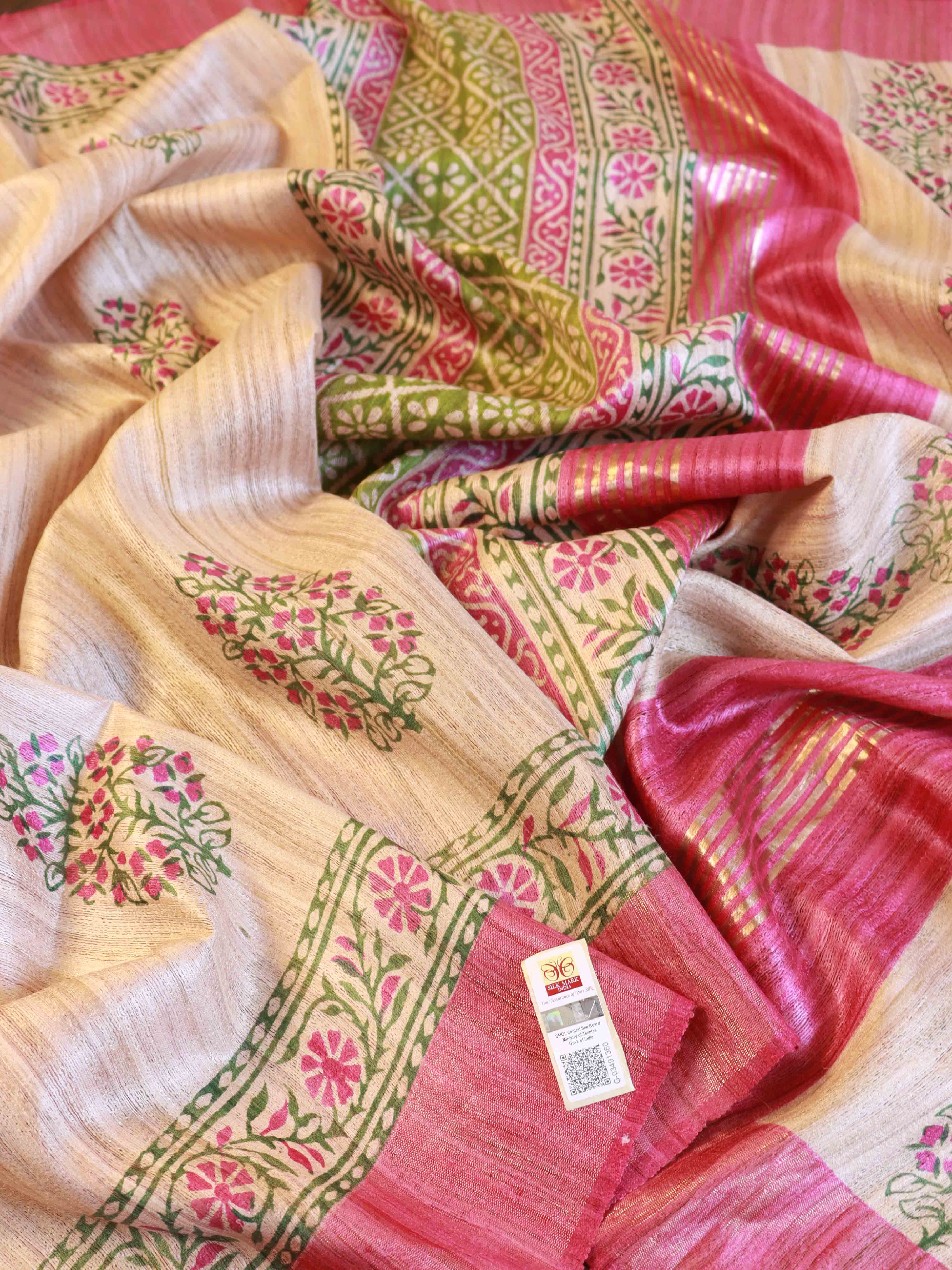Bhagalpur Pure Handloom Tussar Silk Saree With Block Print Design-Beige & Pink