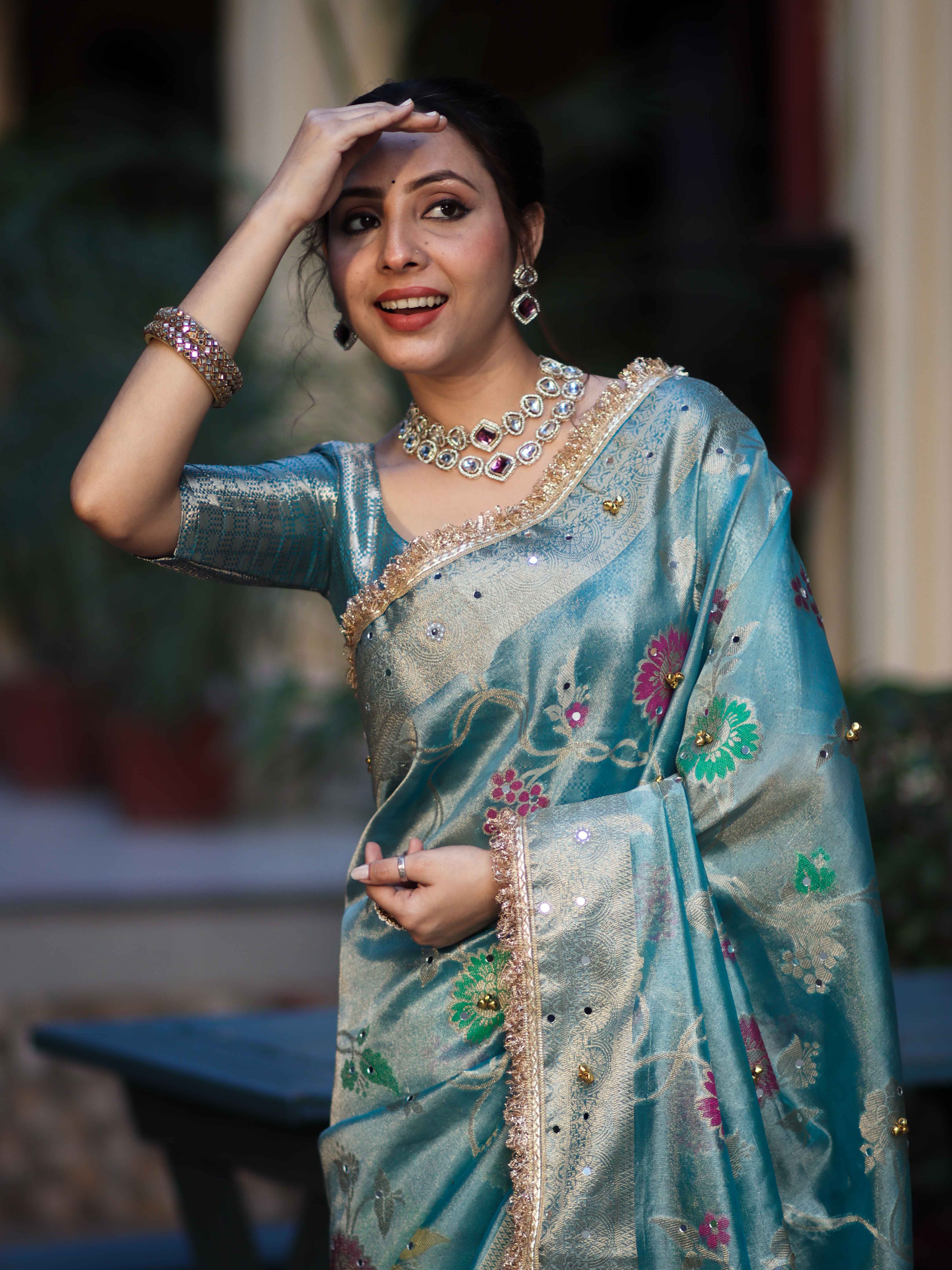 Banarasee Tissue Hand Embroidered Mirror Work Saree With Zari Resham & Ghungroo Work-Light Blue