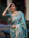Banarasee Tissue Hand Embroidered Mirror Work Saree With Zari Resham & Ghungroo Work-Light Blue
