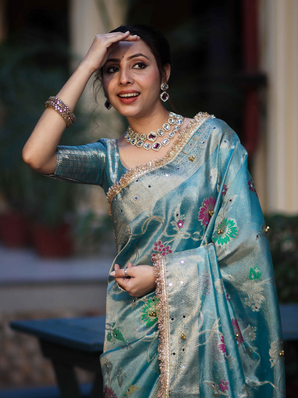 Banarasee Tissue Hand Embroidered Mirror Work Saree With Zari Resham & Ghungroo Work-Light Blue