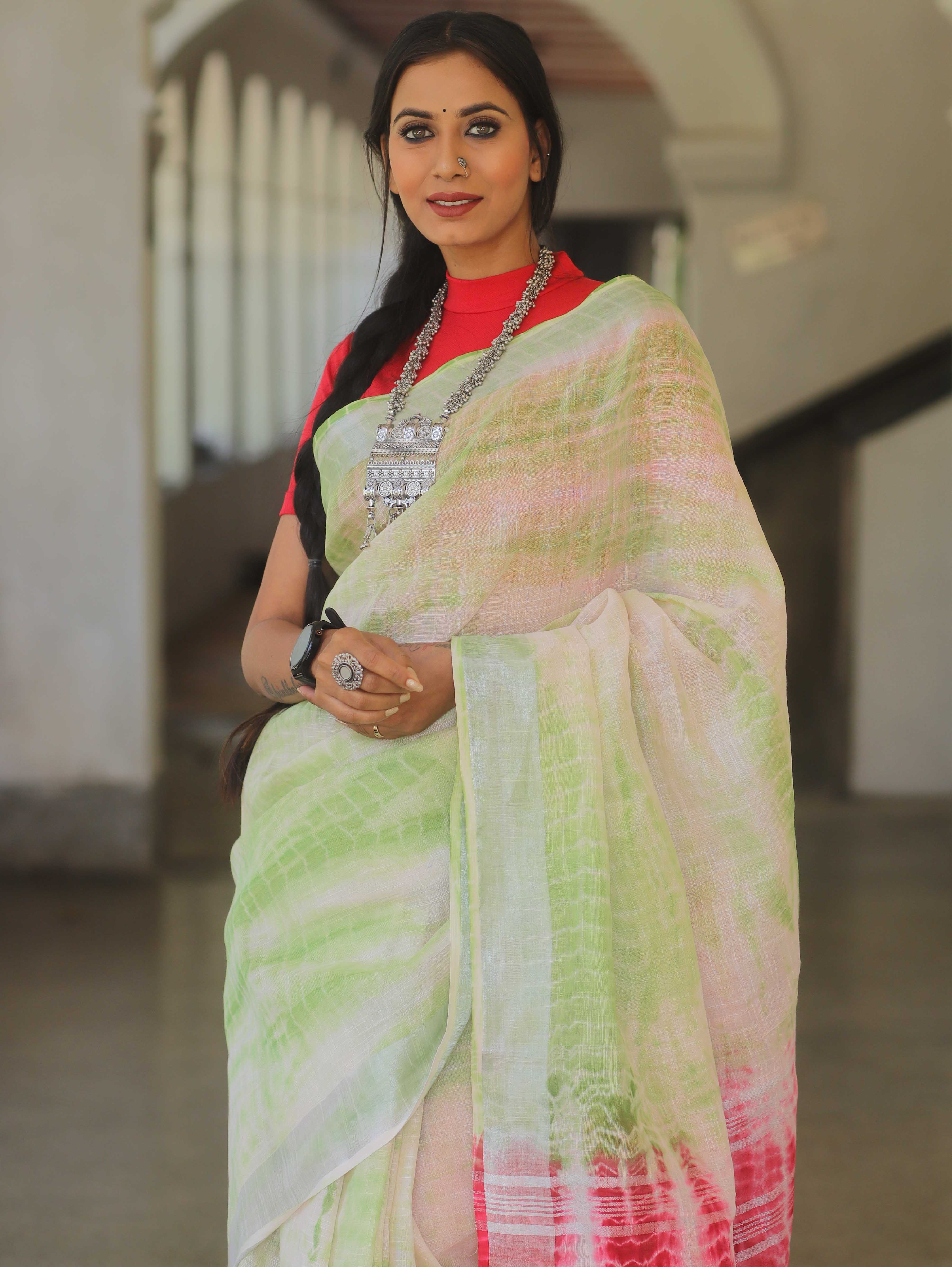 Bhagalpur Handloom Shibori Dyed Linen Saree-White