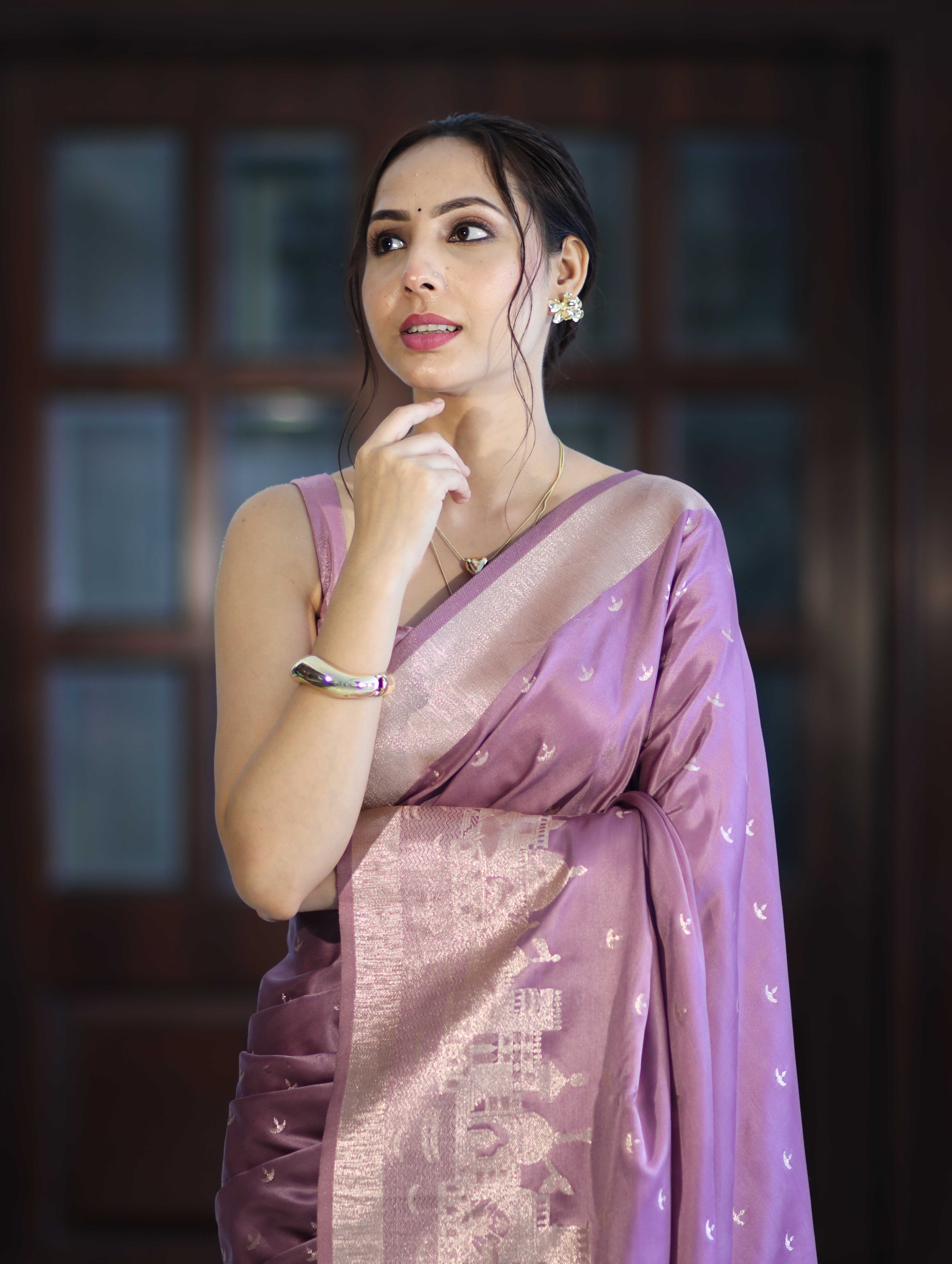 Banarasee Handloom Soft Silk Saree With Diya Design & Ganga Ghat Zari Border-Pastel Pink
