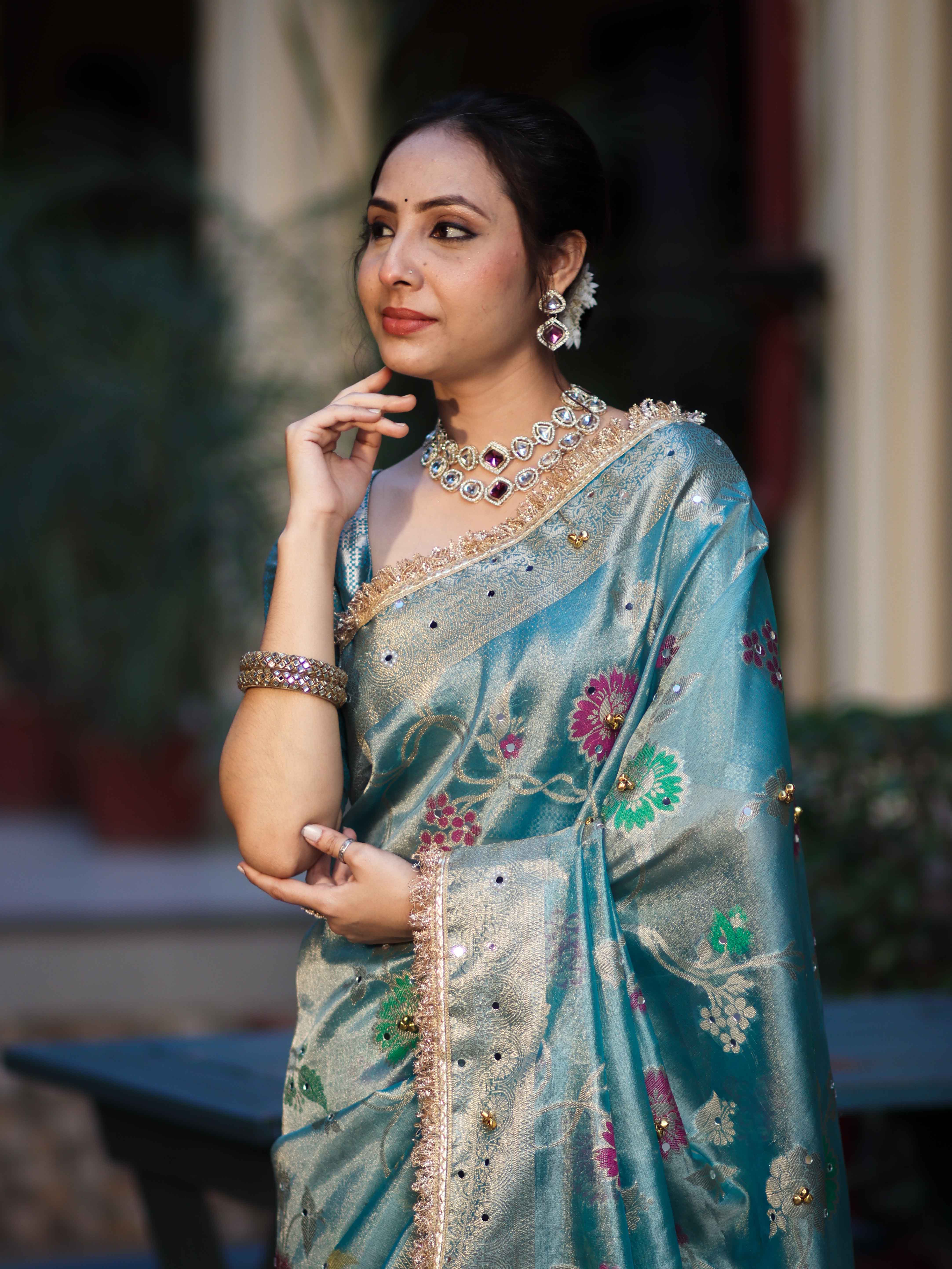 Banarasee Tissue Hand Embroidered Mirror Work Saree With Zari Resham & Ghungroo Work-Light Blue