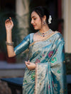 Banarasee Tissue Hand Embroidered Mirror Work Saree With Zari Resham & Ghungroo Work-Light Blue