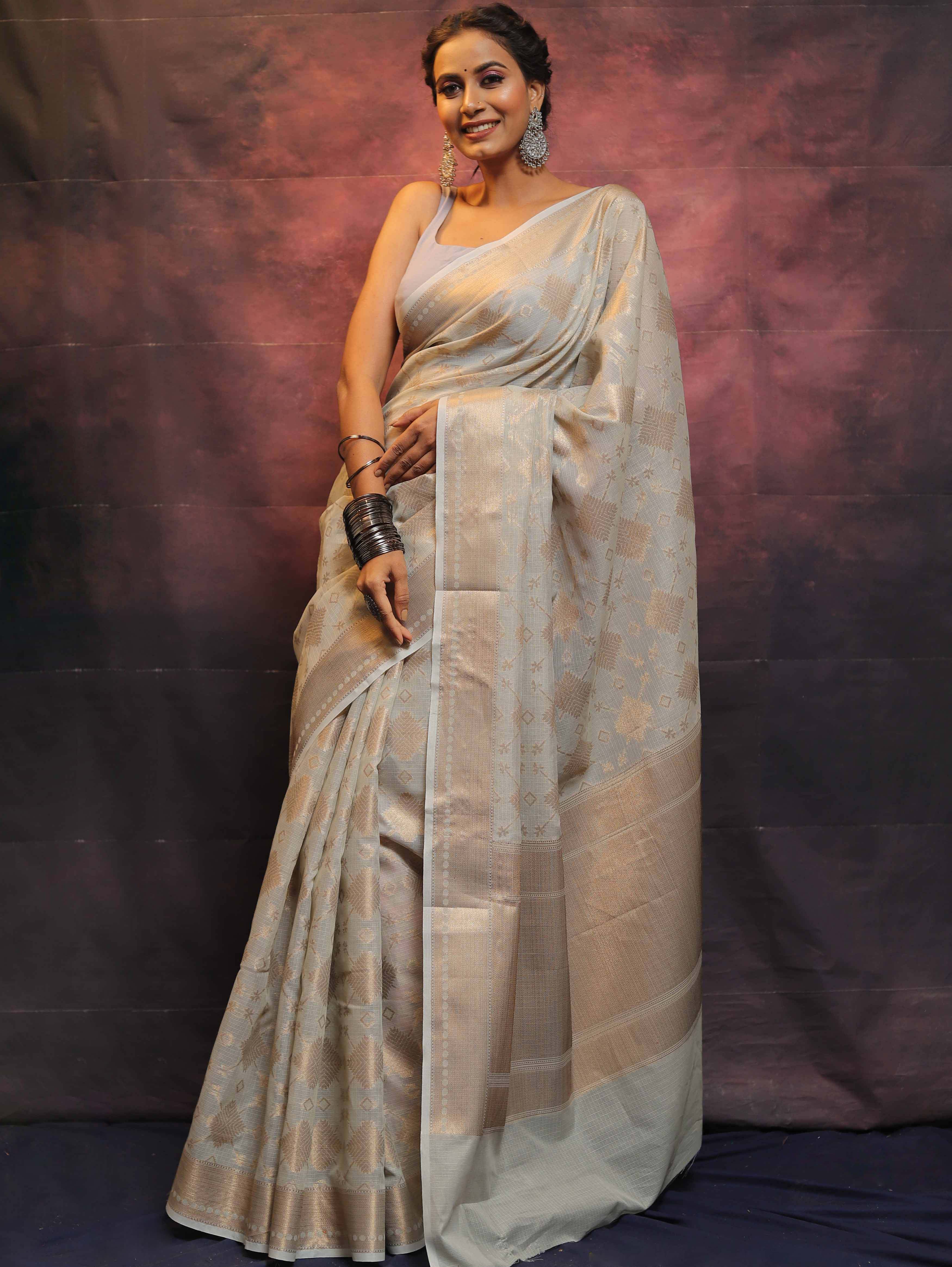 Banarasee Handwoven Pure Silk Cotton Saree With Antique Zari Buti & Border-Grey