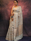 Banarasee Handwoven Pure Silk Cotton Saree With Antique Zari Buti & Border-Grey