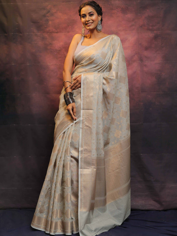 Banarasee Handwoven Pure Silk Cotton Saree With Antique Zari Buti & Border-Grey