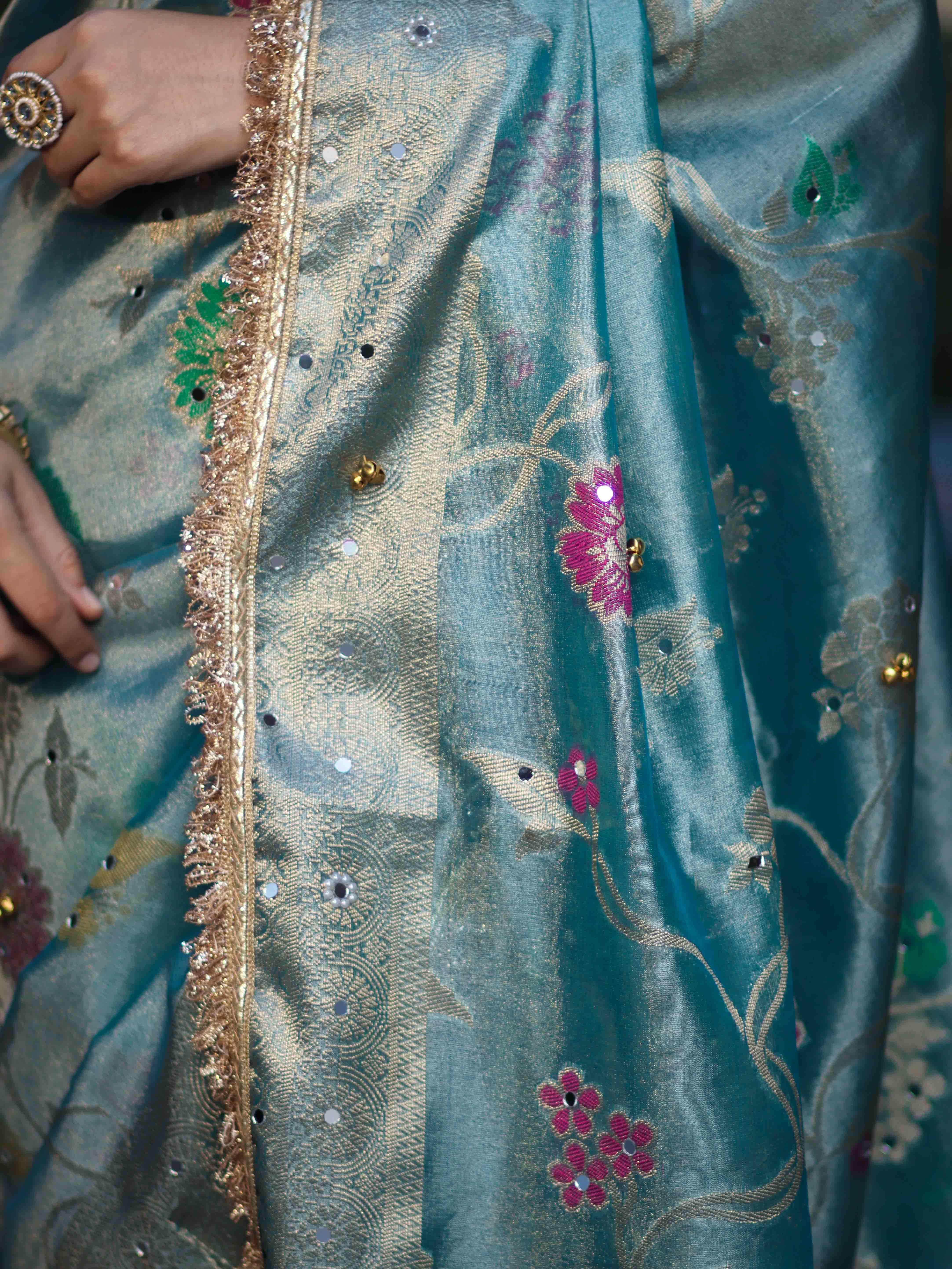 Banarasee Tissue Hand Embroidered Mirror Work Saree With Zari Resham & Ghungroo Work-Light Blue
