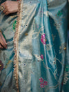 Banarasee Tissue Hand Embroidered Mirror Work Saree With Zari Resham & Ghungroo Work-Light Blue