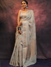 Banarasee Handwoven Pure Silk Cotton Saree With Antique Zari Buti & Border-Grey