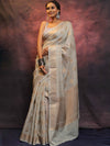 Banarasee Handwoven Pure Silk Cotton Saree With Antique Zari Buti & Border-Grey