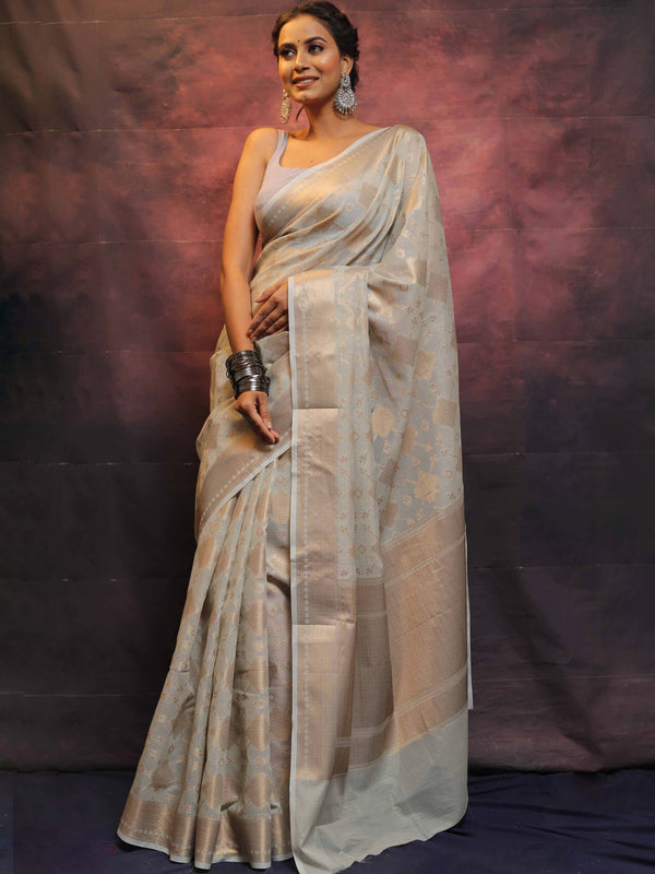 Banarasee Handwoven Pure Silk Cotton Saree With Antique Zari Buti & Border-Grey