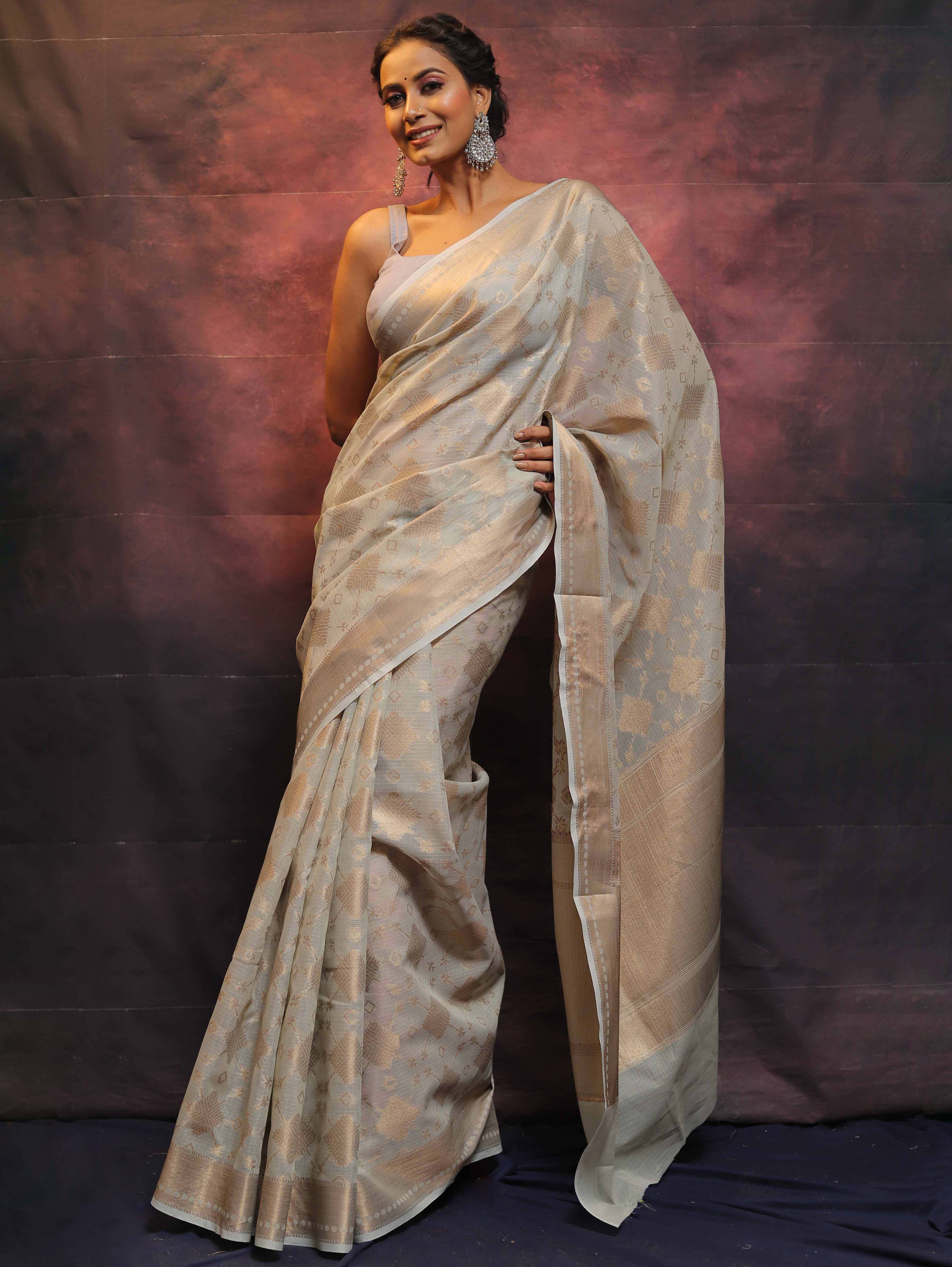 Banarasee Handwoven Pure Silk Cotton Saree With Antique Zari Buti & Border-Grey