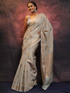 Banarasee Handwoven Pure Silk Cotton Saree With Antique Zari Buti & Border-Grey