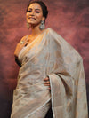 Banarasee Handwoven Pure Silk Cotton Saree With Antique Zari Buti & Border-Grey