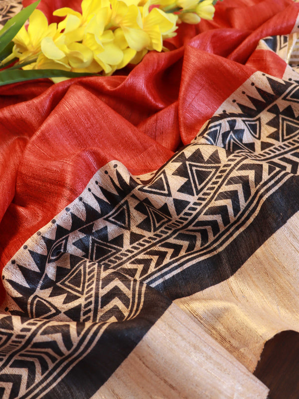 Bhagalpur Pure Handloom Tussar Silk Saree With Block Print Design-Red & Beige