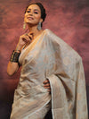 Banarasee Handwoven Pure Silk Cotton Saree With Antique Zari Buti & Border-Grey