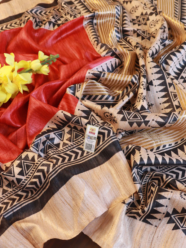 Bhagalpur Pure Handloom Tussar Silk Saree With Block Print Design-Red & Beige