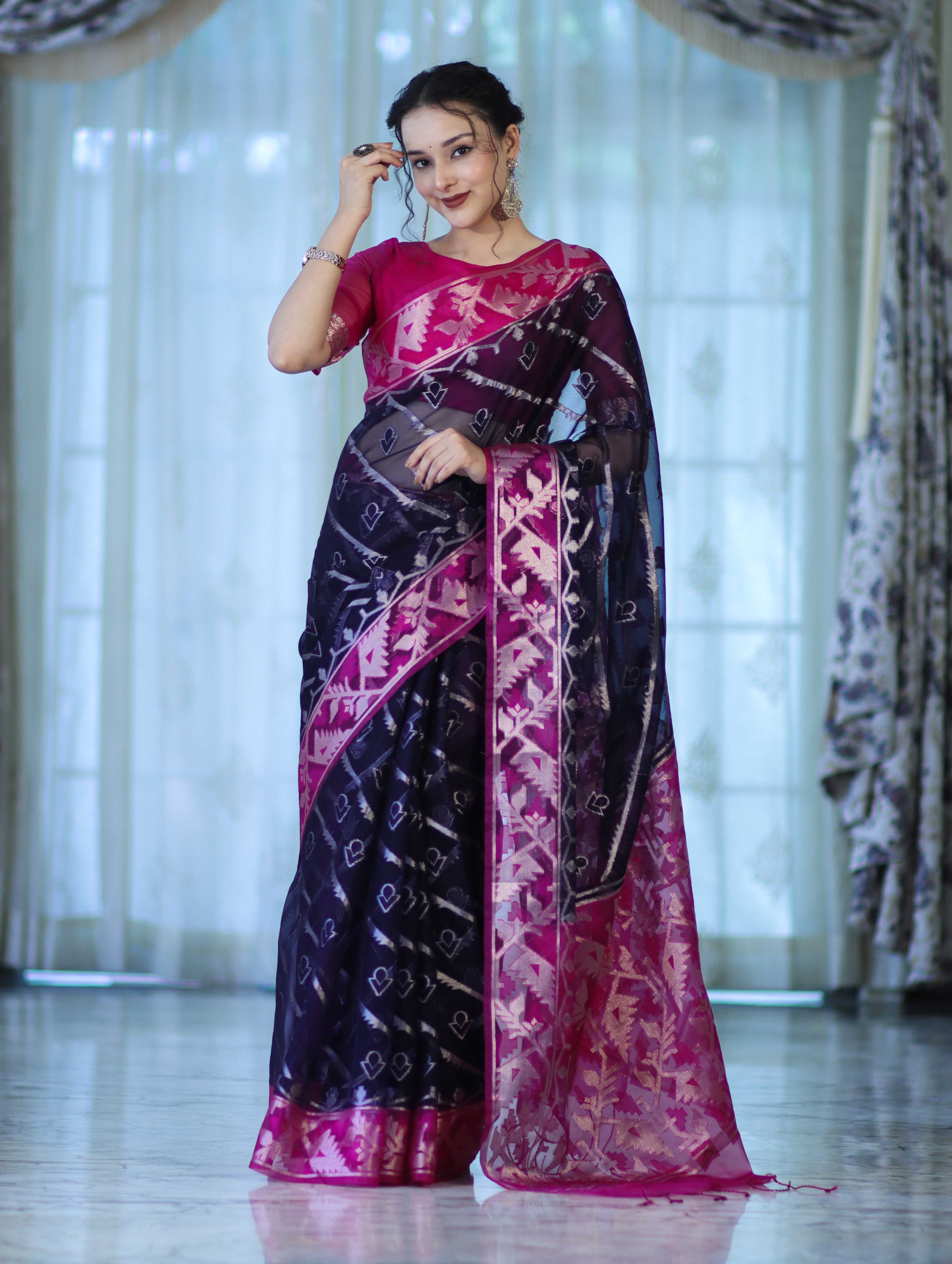 Banarasee Organza Mix Saree With Zari Work & Contrast Border-Blue & Magenta