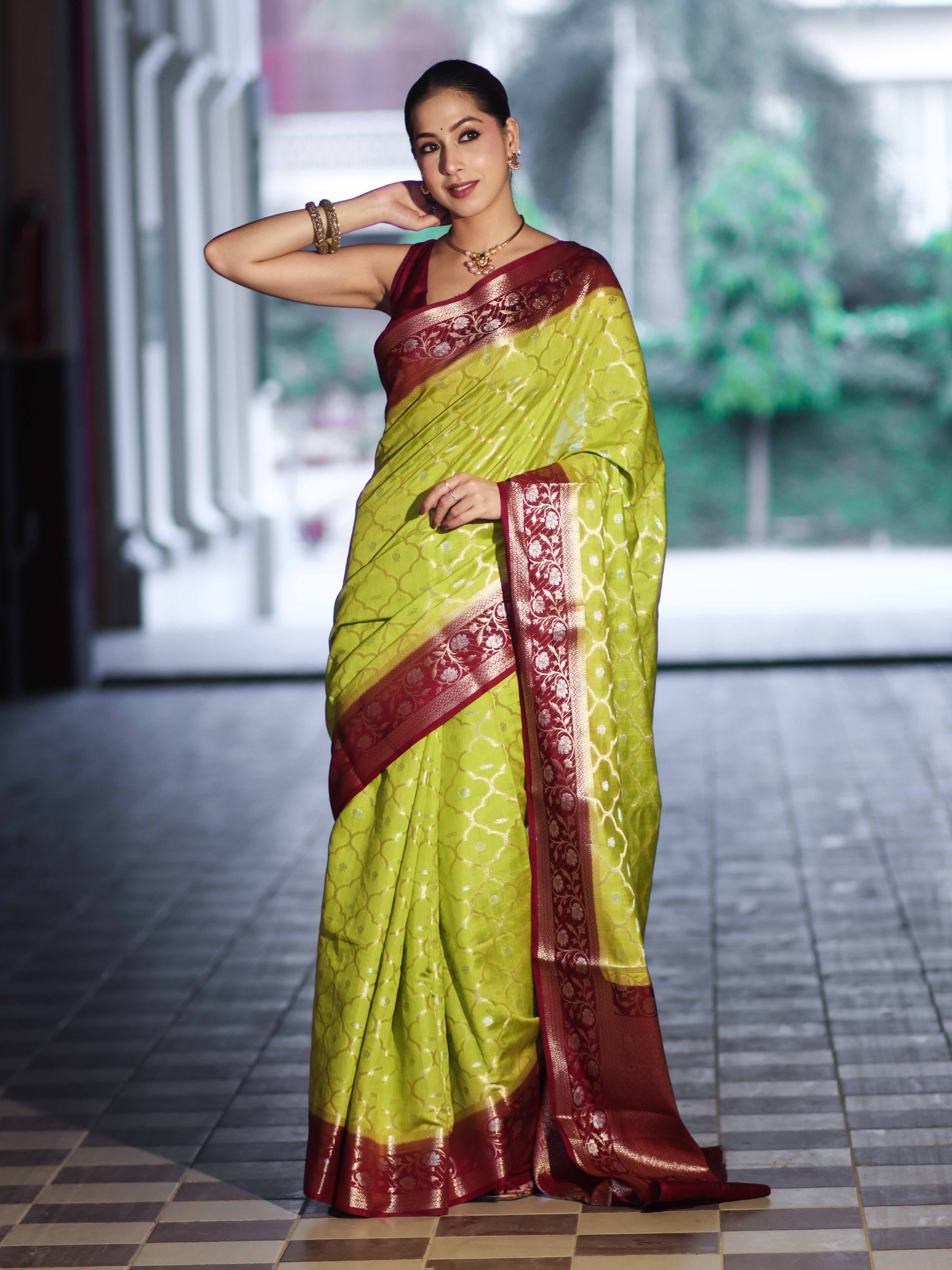 Banarasee Handloom Pure Chiniya Silk Saree With Sona Rupa Zari Work & Contrast Floral Border-Green & Maroon