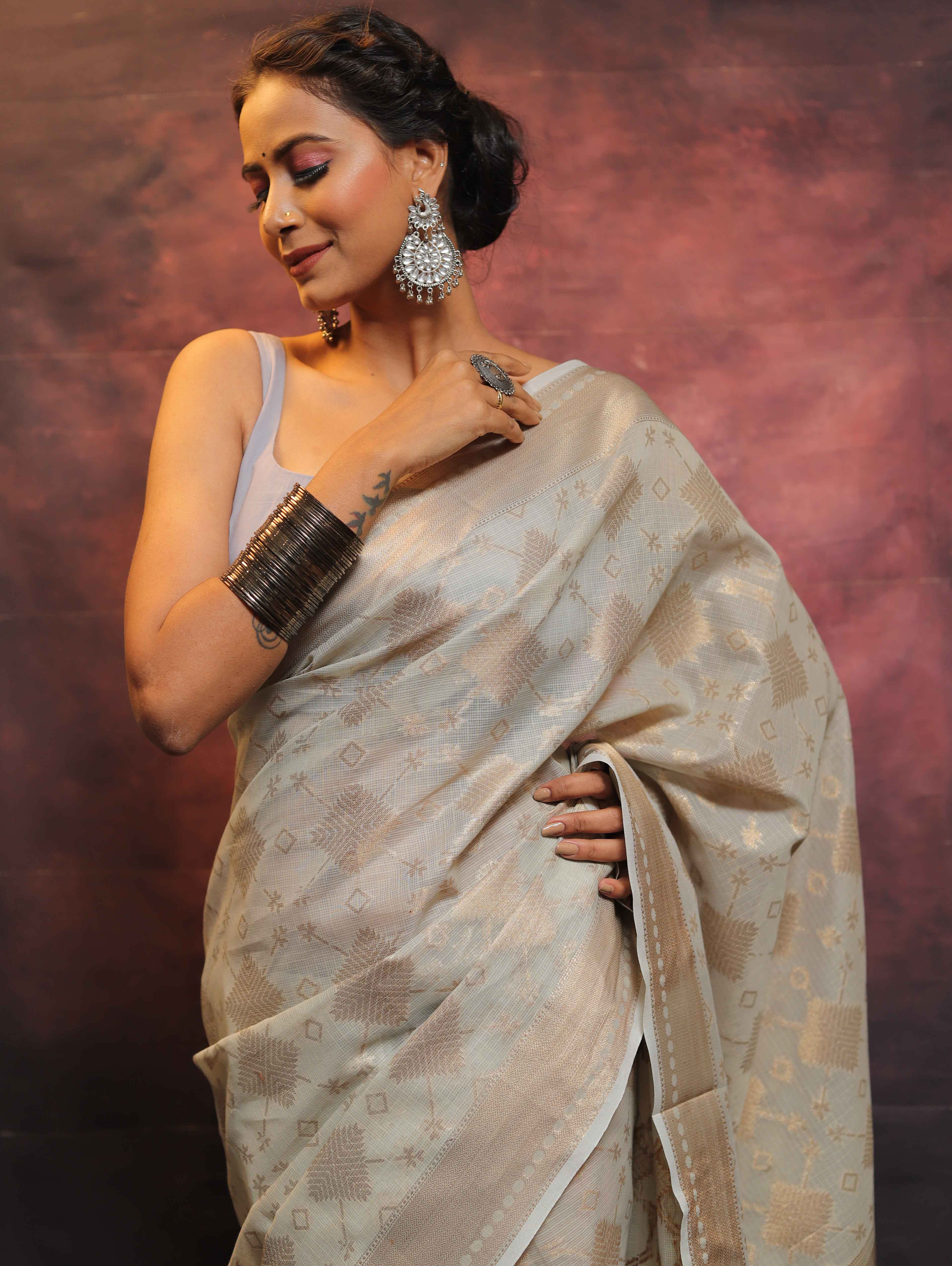 Banarasee Handwoven Pure Silk Cotton Saree With Antique Zari Buti & Border-Grey