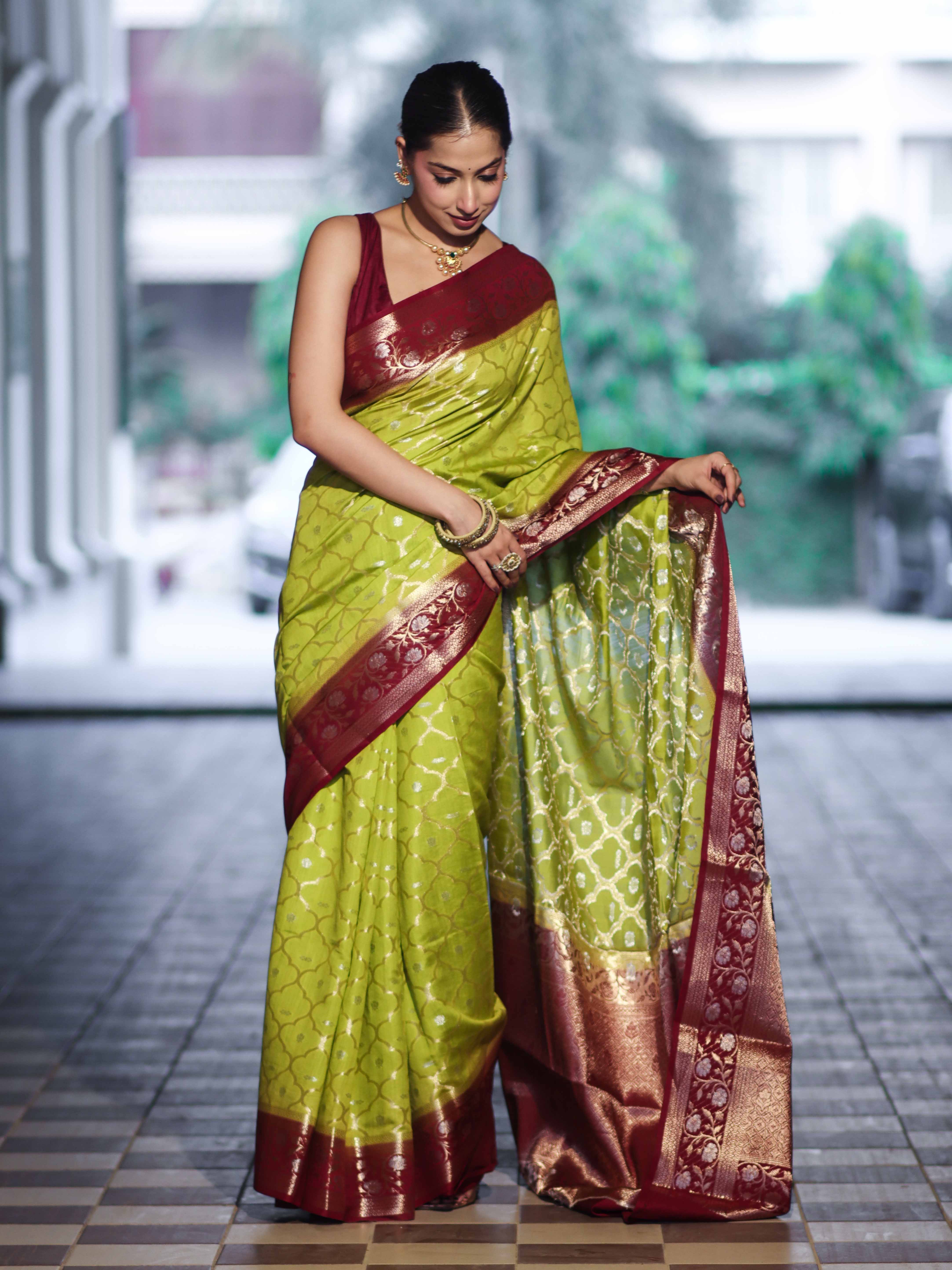 Banarasee Handloom Pure Chiniya Silk Saree With Sona Rupa Zari Work & Contrast Floral Border-Green & Maroon