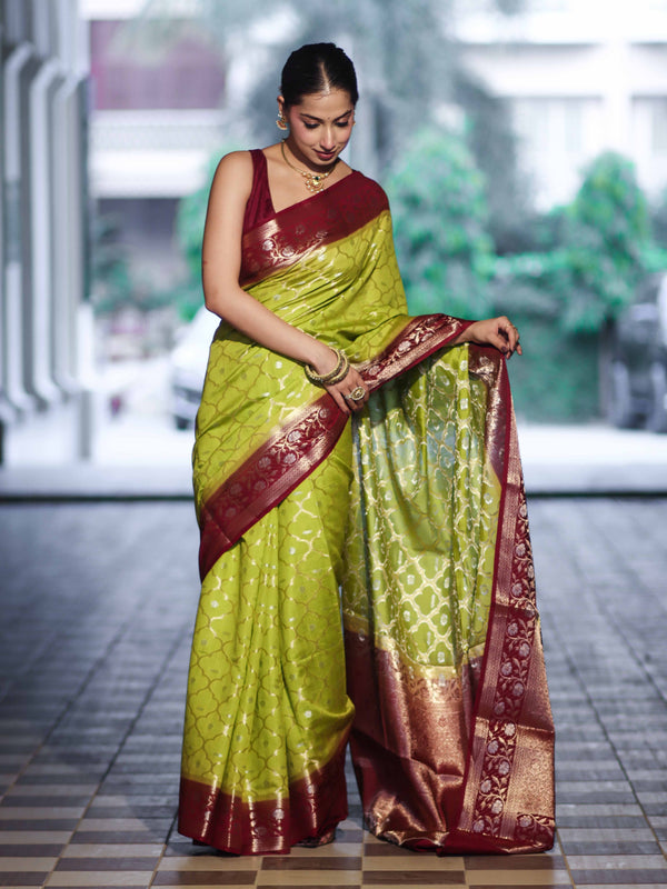 Banarasee Handloom Pure Chiniya Silk Saree With Sona Rupa Zari Work & Contrast Floral Border-Green & Maroon