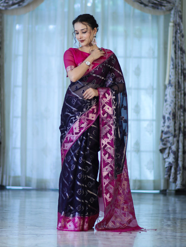 Banarasee Organza Mix Saree With Zari Work & Contrast Border-Blue & Magenta