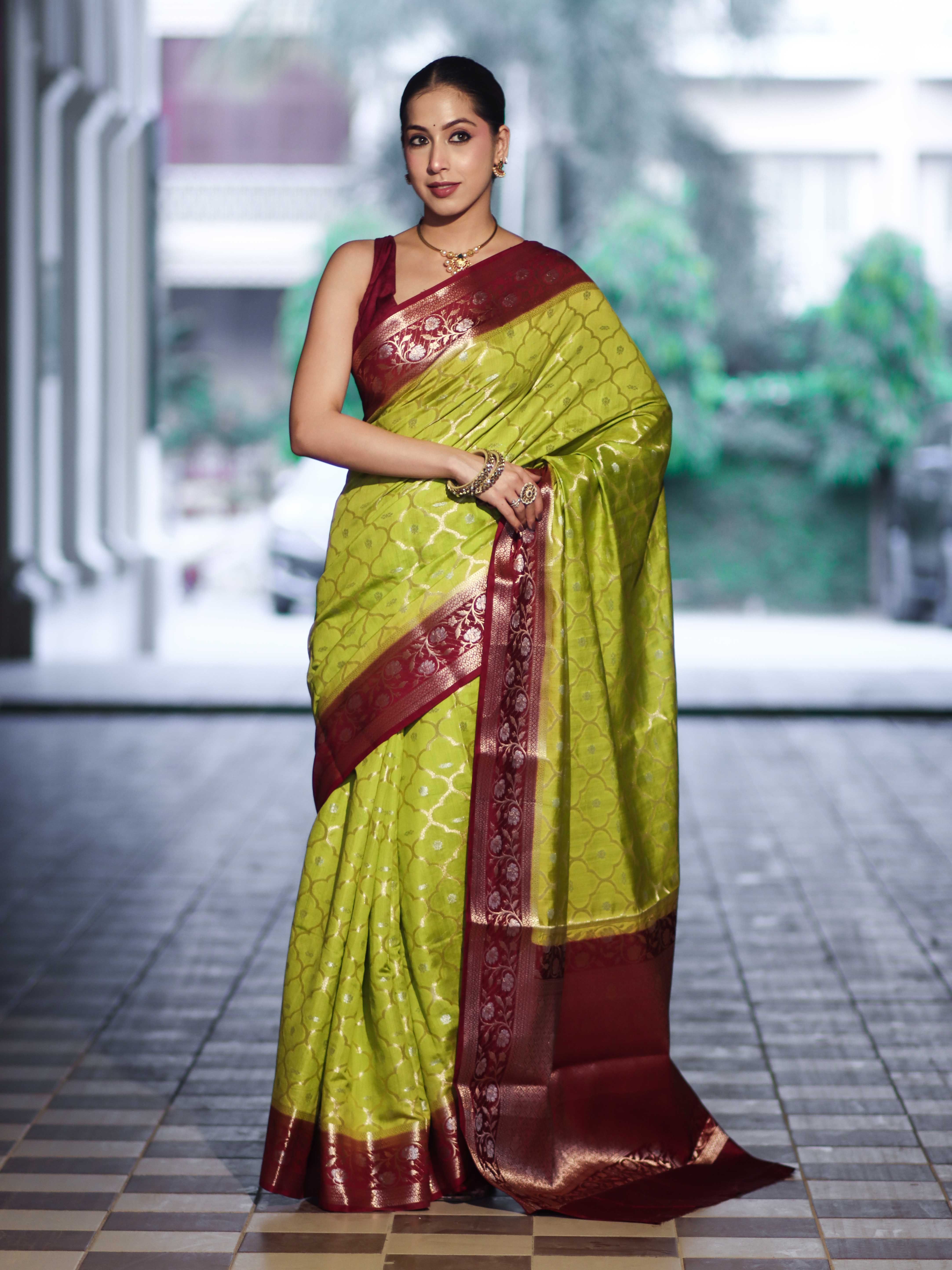 Banarasee Handloom Pure Chiniya Silk Saree With Sona Rupa Zari Work & Contrast Floral Border-Green & Maroon