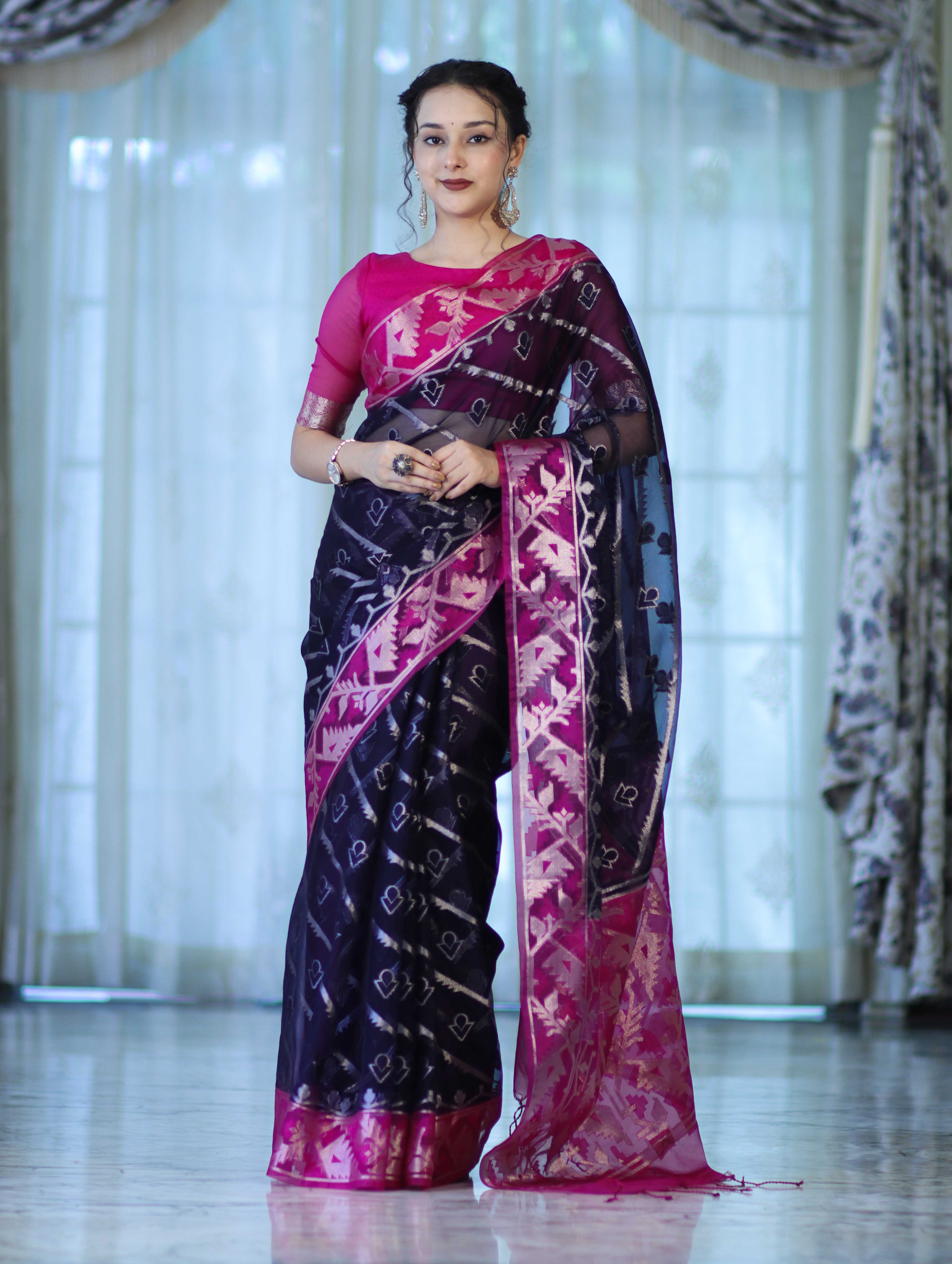 Banarasee Organza Mix Saree With Zari Work & Contrast Border-Blue & Magenta