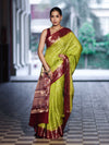 Banarasee Handloom Pure Chiniya Silk Saree With Sona Rupa Zari Work & Contrast Floral Border-Green & Maroon