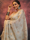 Banarasee Handwoven Pure Silk Cotton Saree With Antique Zari Buti & Border-Grey