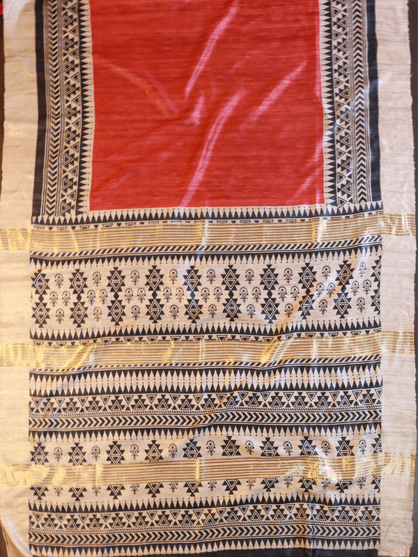 Bhagalpur Pure Handloom Tussar Silk Saree With Block Print Design-Red & Beige