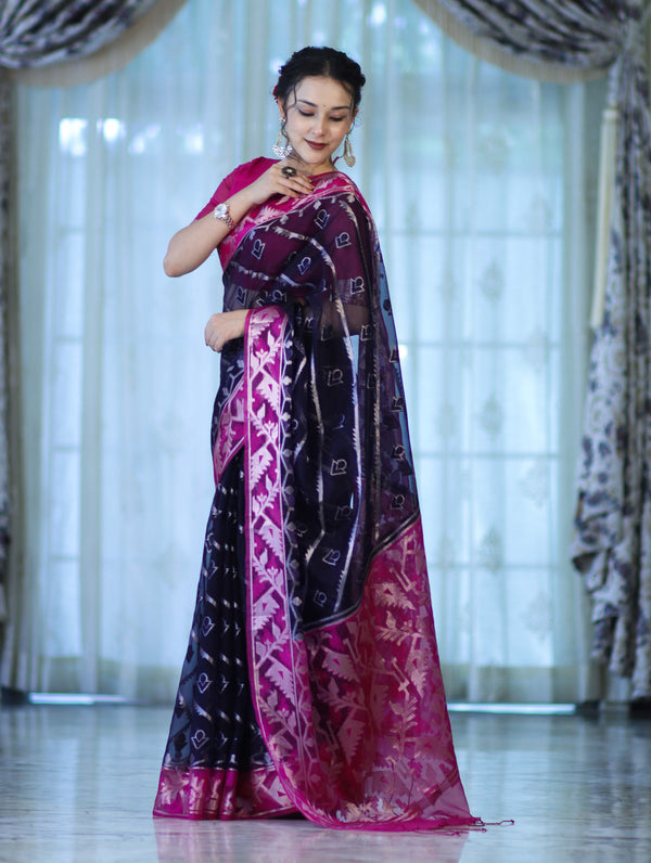 Banarasee Organza Mix Saree With Zari Work & Contrast Border-Blue & Magenta