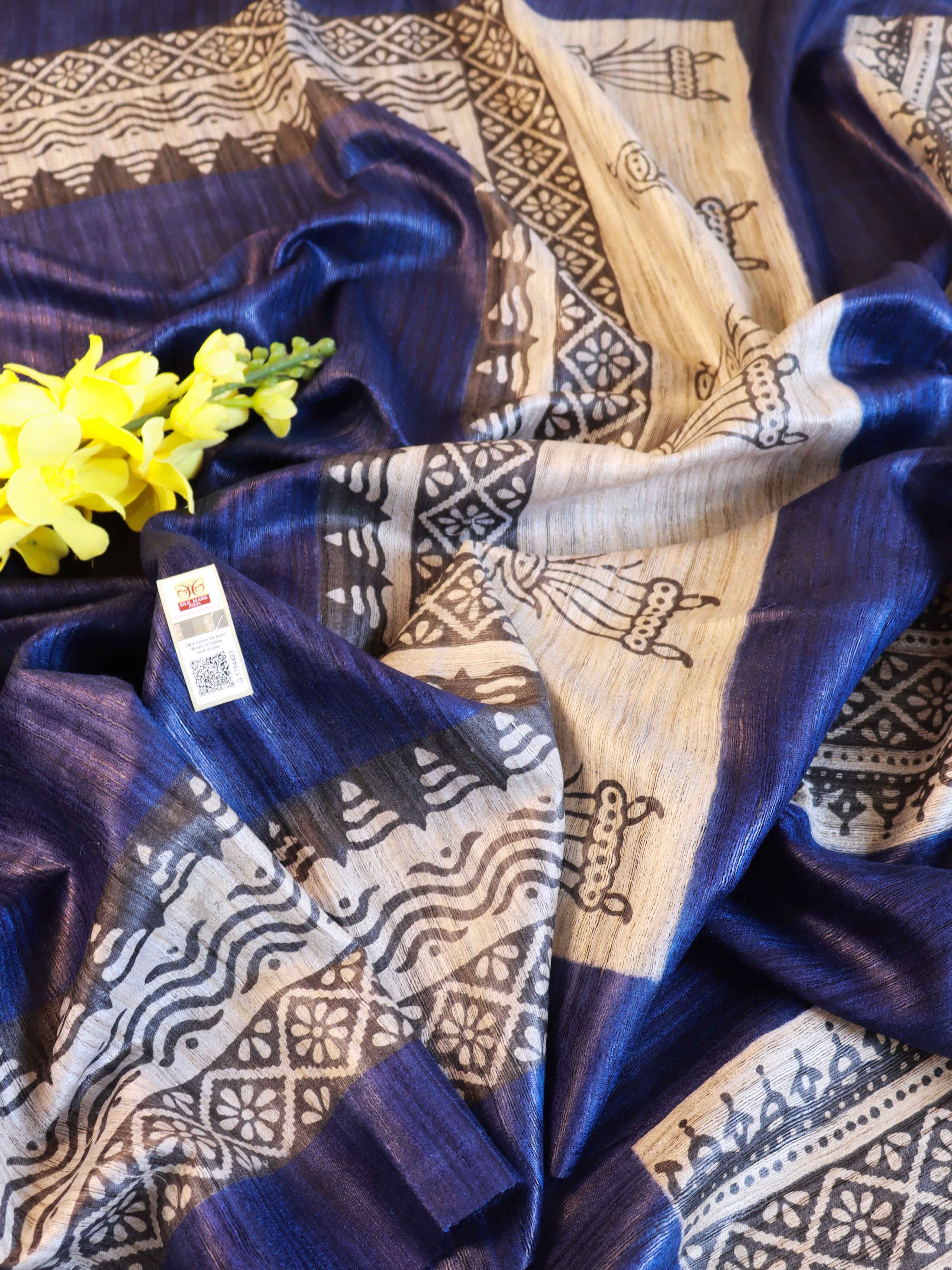 Bhagalpur Pure Handloom Tussar Silk Saree With Block Print Design-Blue & Beige