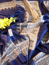 Bhagalpur Pure Handloom Tussar Silk Saree With Block Print Design-Blue & Beige