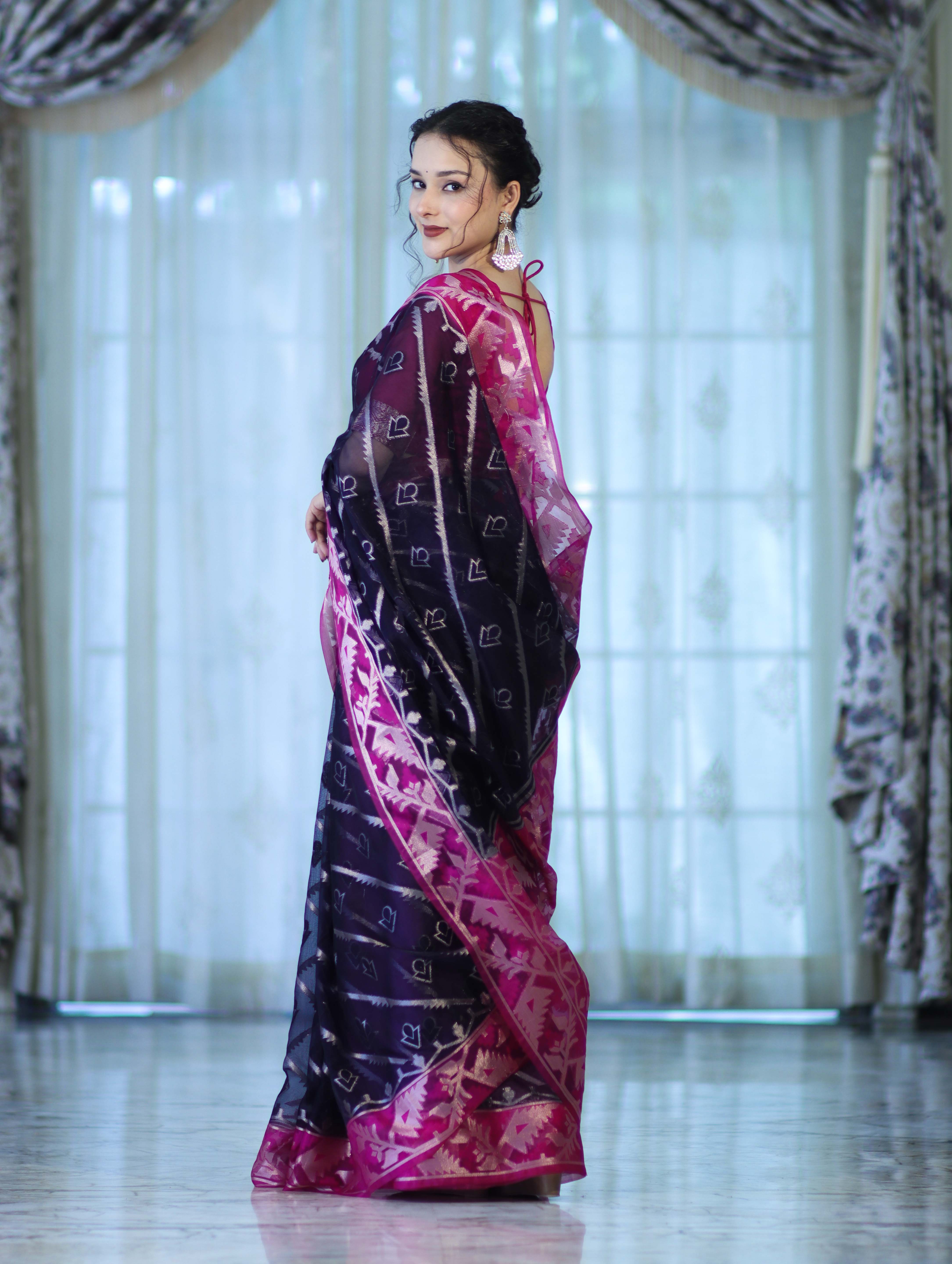 Banarasee Organza Mix Saree With Zari Work & Contrast Border-Blue & Magenta